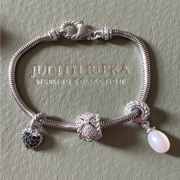 Judith Ripka Sterling Silver Sapphire Pearl Diamonique Charm Bracelet
